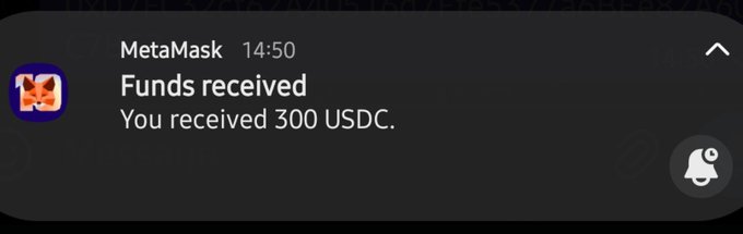 A MetaMask push notification at 14:50 confirms "Funds received" with the message "You received 300 USDC," illustrating the receipt of 300 USDC stablecoins on the Ethereum-based wallet in line with the post's "crypto >>" theme.