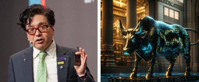 A split image showing a man in a dark suit with a green tie and glasses on the left, and a digital rendering of a golden and black bull statue against a backdrop of financial data and classical architecture on the right, symbolizing the stock market.