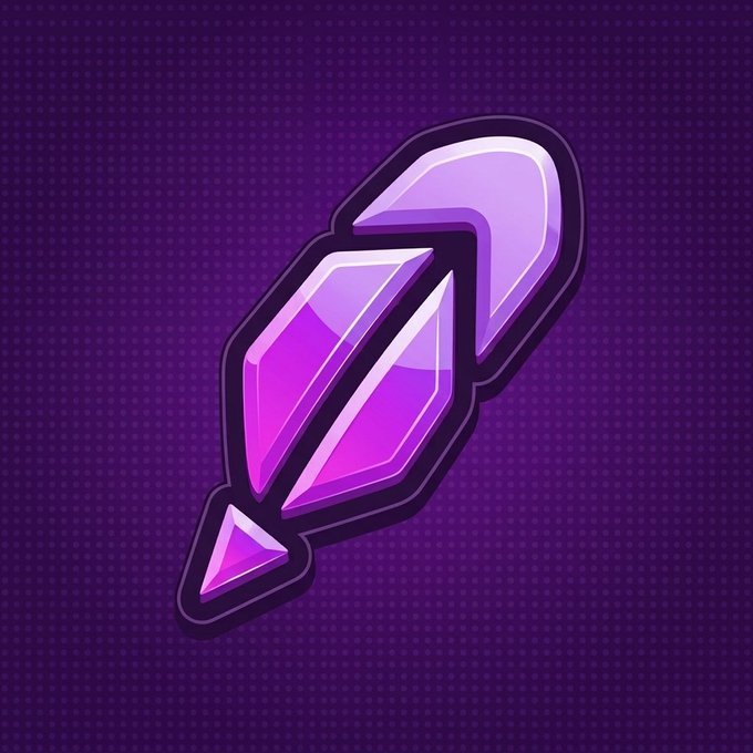 A cartoon-style purple exclamation mark with a glowing crystal/gem design set against a dark purple dotted background.