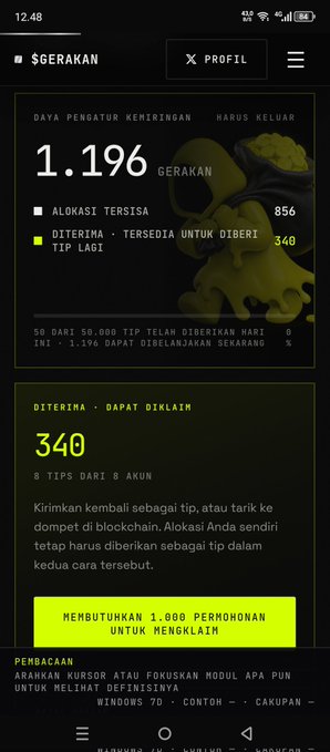 A mobile app screenshot in Malay/Indonesian showing a cryptocurrency earnings dashboard ('$GERAKAN') with 1.196 earnings, available allocations, and tip distribution information.