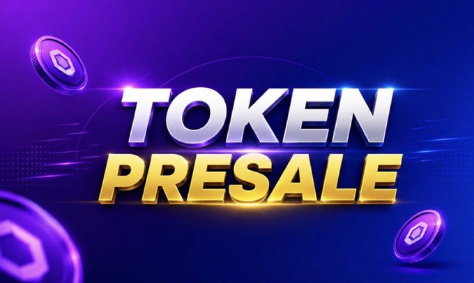 A vibrant promotional banner displaying "TOKEN PRESALE" in bold metallic lettering—white on top and gold below—set against a glowing purple and blue background with floating token icons, directly matching the post's announcement of a live token presale at presale.draze.network.