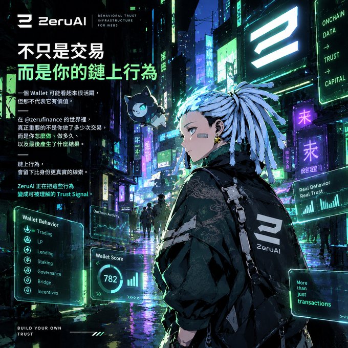 A cyberpunk-style promotional graphic for ZeruAI with the tagline '不只交易，而是你的鏈上行為' (Not just transactions, but your on-chain behavior), featuring an anime-style character with blue dreadlocks and a floating cat.