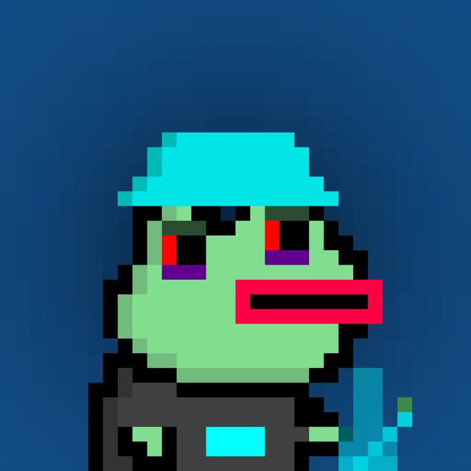 A pixel art character with green skin, red eyes, a blue hat, and a wide red mouth is set against a dark blue background.