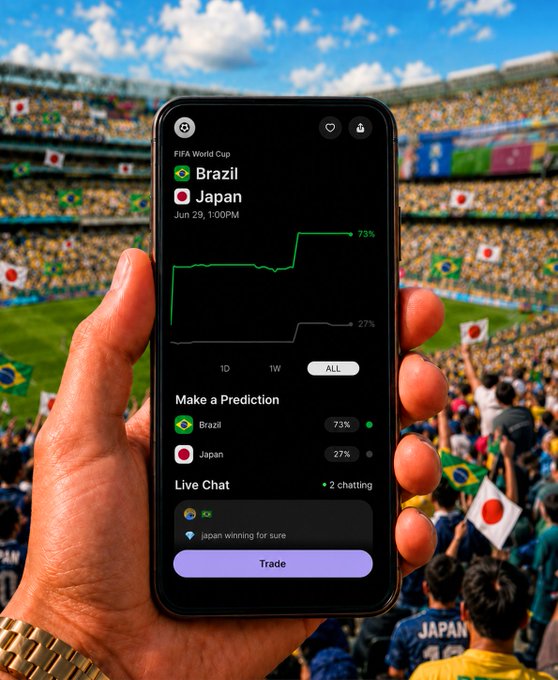 A hand holds a smartphone displaying a prediction market app for the FIFA World Cup match between Brazil (73%) and Japan (27%) on Jun 29 at 1:00 PM, featuring live chat with a user commenting "japan winning for sure," set against a backdrop of a stadium crowd waving Brazilian and Japanese flags. The image directly illustrates the poster's question to @phantom about which team to back, with the app's current odds favoring Brazil.