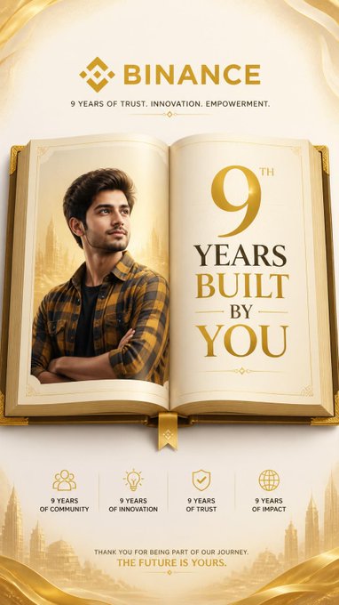 A Binance promotional graphic celebrating 9 years, featuring a young man, the text '9 YEARS BUILT BY YOU', and icons highlighting community, innovation, trust, and impact.