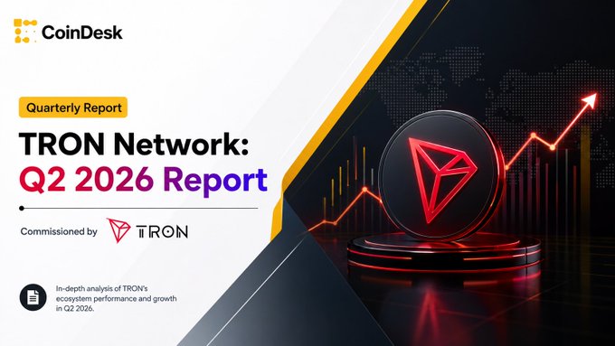 A promotional banner for a 'CoinDesk Quarterly Report' titled 'TRON Network: Q2 2026 Report', commissioned by TRON, featuring a red TRON coin and an upward trend chart.