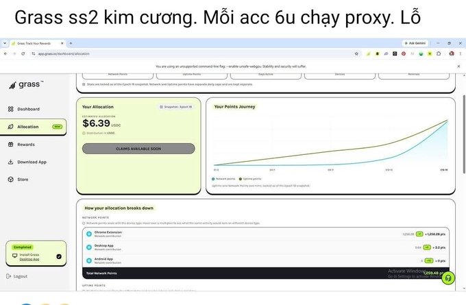 A Grass Text-To-Earn Rewards dashboard screenshot showing an allocation of $6.39 and network points, with Vietnamese text at the top about ss2 Kim Cuong and running proxy on 6 accounts.