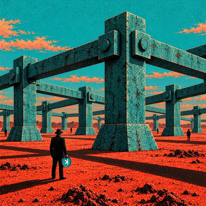 A solitary suited figure holding a "K" symbol stands dwarfed by massive teal concrete pillars in a red Martian-like landscape, visually representing how holding Kaspa tokens offers no special authority over the network's decentralized consensus structure.