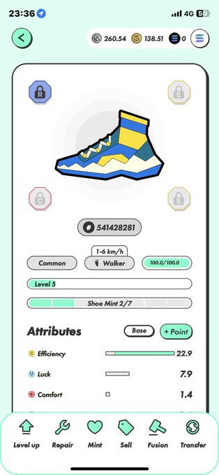 A mobile game screen displaying a level 5 Walker sneaker NFT with attributes including 22.9 Efficiency, 7.9 Luck, and 1.4 Comfort, showing repair and mint options.