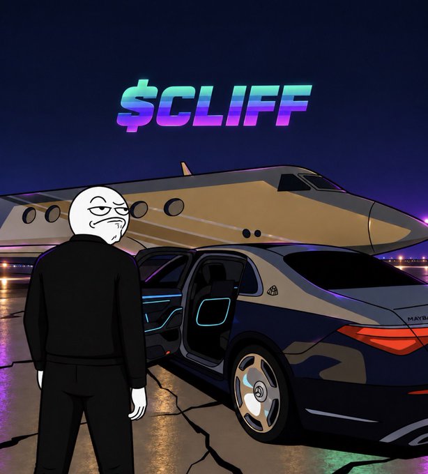 A stylized cartoon figure in a black suit stands beside a sleek Maybach with its door open, parked on a tarmac in front of a private jet under a neon-lit "$CLIFF" logo, fitting the meme contest's call for over-the-top, luxurious $CLIFF creations before the September 15th deadline.