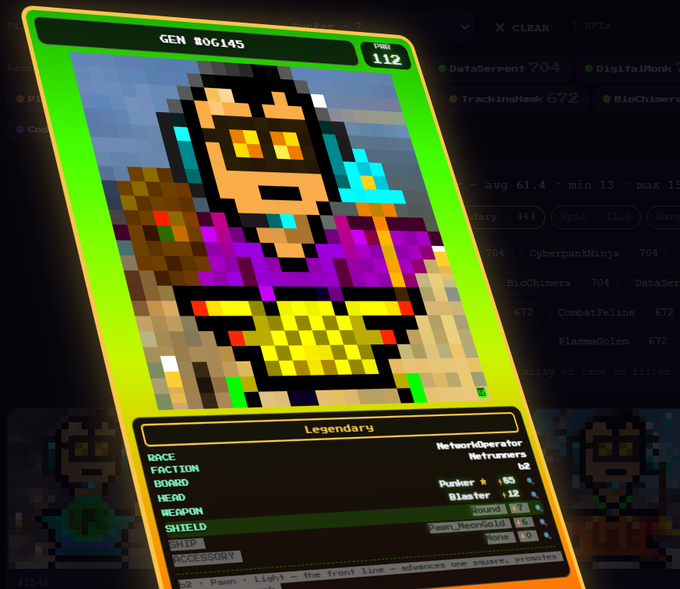 A pixel art digital trading card labeled 'GEN #06145' with a value of 112, depicting a masked character with a 'Legendary' classification.