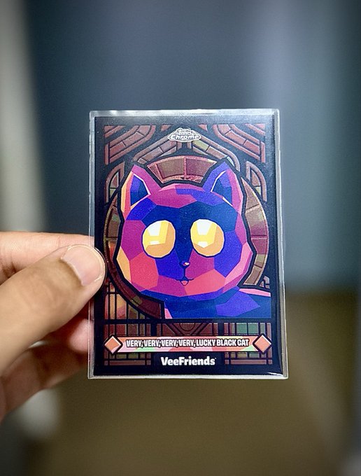 A hand holds a colorful VeeFriends trading card featuring a purple and pink geometric cat with the text "VERY, VERY, VERY, VERY, LUCKY BLACK CAT" at the bottom.