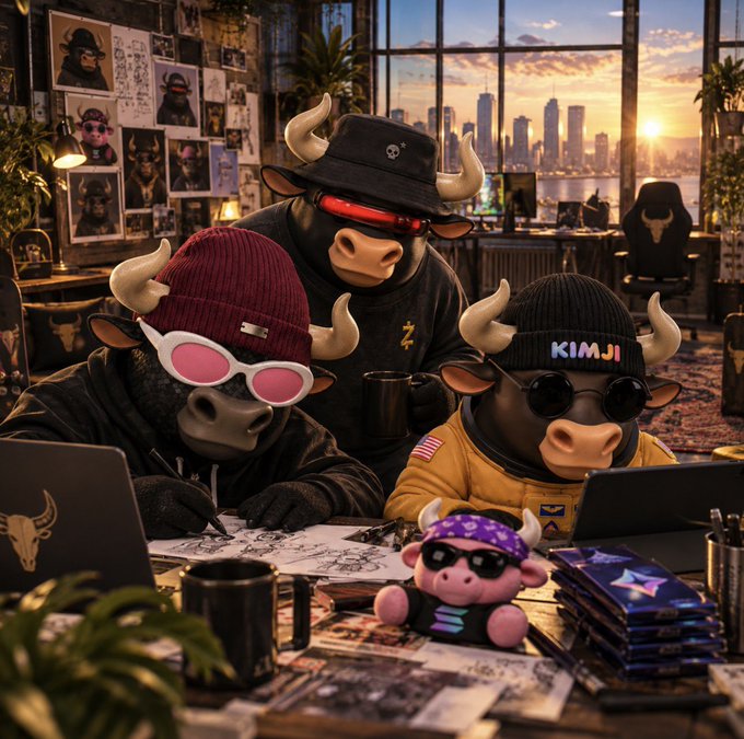 Three anthropomorphic bulls wearing hats and sunglasses work at a desk with laptops in a loft-style room overlooking a city skyline at sunset; the bull on the right has 'KIMJI' on its hat, and a small pink plush sits on the desk.