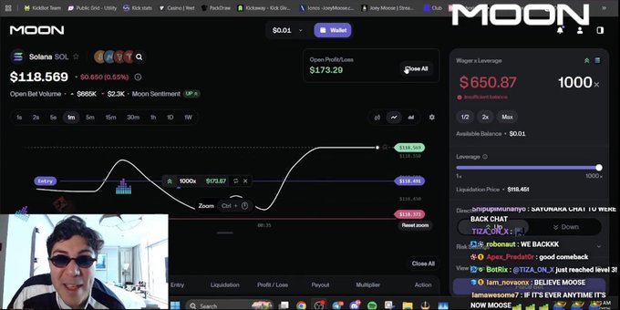 The image shows a screenshot of the Moon trading platform displaying a leveraged position on Solana (SOL) priced at $118.569, with a $0.01 wallet balance and a live webcam feed of a man in sunglasses in the bottom left corner, while the chat sidebar shows "lamaweome: IF IT'S EVER ANYTIME IT'S NOW MOOSE." The post references the platform by promoting a 1000x leverage trade on Bitcoin, aligning with the visible "MIX" option and 1000x leverage setting shown in the leverage panel.