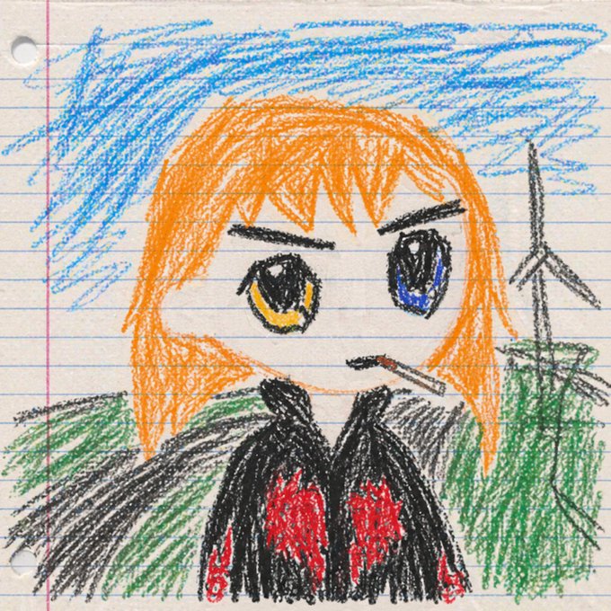 Hand-drawn anime-style sketch on lined notebook paper depicting an orange-haired character with mismatched eyes (one yellow, one blue), wearing a black outfit with red flames, smoking a cigarette, with a wind turbine in the background.