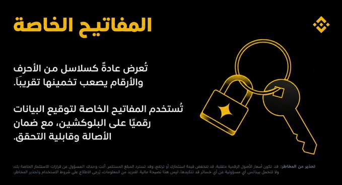 The image is an Arabic-language graphic titled "المفاتيح الخاصة" (Private Keys) explaining that a string of random numbers acts as a recovery key for digital assets, with private keys being used to digitally sign data on the blockchain for transaction safety. It features a gold padlock and key illustration on a black background, with a Binance logo in the top right corner and a disclaimer at the bottom noting it's for educational purposes, not financial advice.