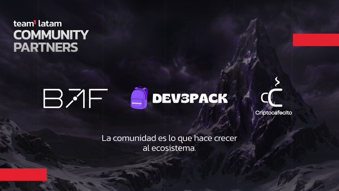 A promotional graphic titled 'team*latam COMMUNITY PARTNERS' featuring logos for BFF, DEV3PACK, and Criptocafecito against a dark mountain backdrop, with the Spanish tagline 'La comunidad es lo que hace crecer al ecosistema.'
