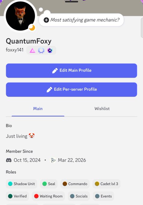 A profile page for 'QuantumFoxy' (foxxy141) on a social platform, displaying a 'Just living' bio, 'Member Since Oct 15, 2024', and various role badges including 'Shadow Unit', 'Seal', and 'Verified'.