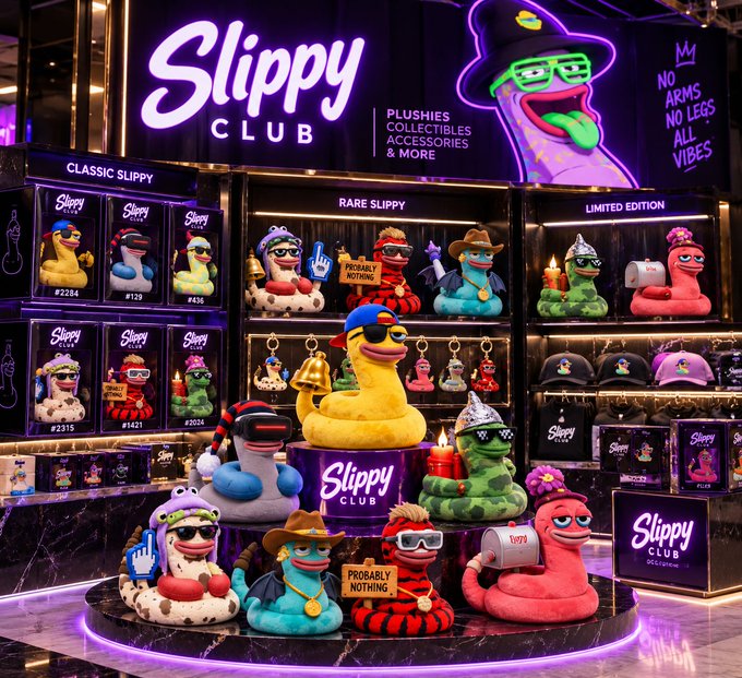 A 'Slippy Club' retail display showcasing various colorful plush toys, collectibles, keychains, and accessories with signage reading 'NO ARMS NO LEGS ALL VIBES' and 'PLUSHIES COLLECTIBLES ACCESSORIES & MORE'.