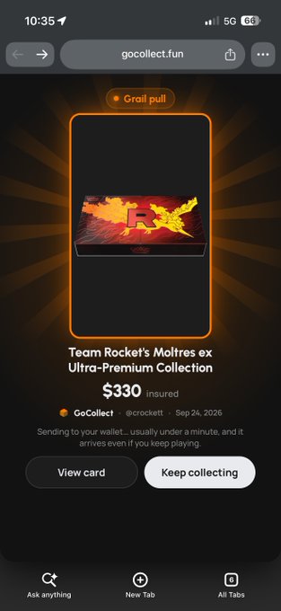 A mobile screenshot from gocollect.fun displaying a 'Grail pull' for Team Rocket's Moltres ex Ultra-Premium Collection card, insured at $330, set to arrive on Sep 24, 2026.