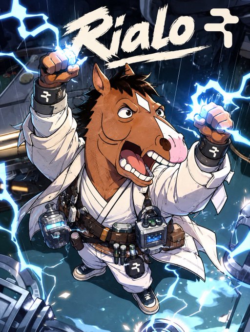 Stylized illustration of an anthropomorphic animal character wearing a white lab coat and utility gear, raising both fists amid blue electricity; the title “Rialo” appears at the top.