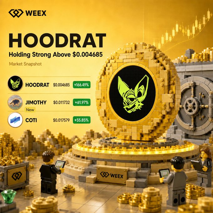 A WEEX market snapshot graphic showcases HOODRAT as the top performer at $0.004685 with a +166.49% gain, alongside JIMOTHY (+61.97% at $0.011732) and COTI (+55.85% at $0.017579), set against a golden LEGO-style vault with a large coin featuring a green rat/gremlin emblem. The image visually reinforces the post's question "Who leads next?" by highlighting HOODRAT's dominant price surge among the three listed tokens.