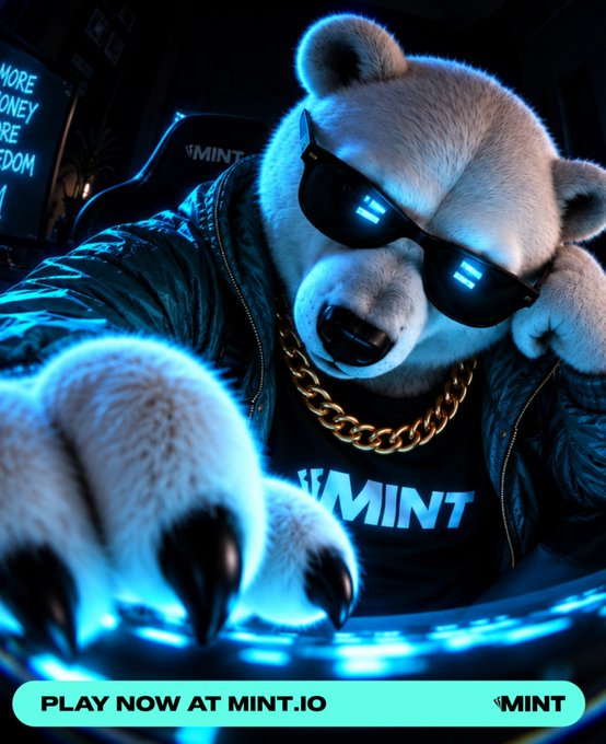 A bear mascot character wearing sunglasses and a gold chain gaming at a glowing setup with the text 'PLAY NOW AT MINT.IO' and the MINT logo.