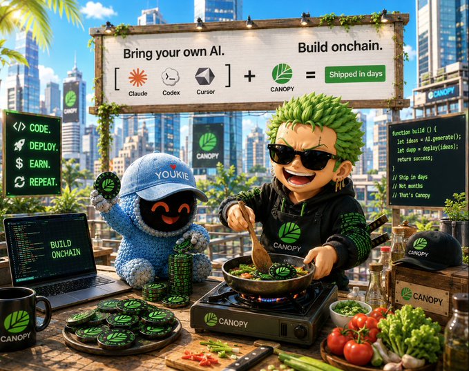 The image features a cartoon character, likely a robot or a doll, standing at a table with various objects such as a laptop, a bowl of food (possibly soup), and some vegetables like broccoli and carrots. The scene takes place on an outdoor patio area, which is surrounded by buildings in the background. A sign can be seen above the table that reads "Build your own AI". This suggests that the image is promoting the idea of creating AI using existing tools and knowledge, rather than forcing developers to learn new languages or adopt a completely different approach. The cartoon character seems to be encouraging this innovative way of building AI by showcasing how it can be done with familiar objects and resources found in everyday life.