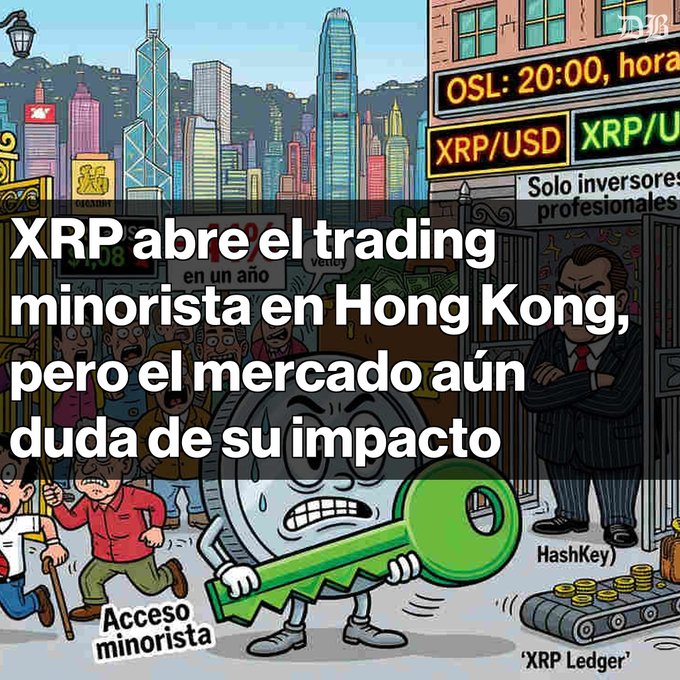 A Spanish-language cartoon illustration shows an XRP coin character holding a giant key, surrounded by figures labeled 'Acceso minorista' and 'HashKey', with the headline 'XRP abre el trading minorista en Hong Kong, pero el mercado aún duda de su impacto'.