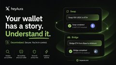 A HeyKura cryptocurrency advertisement reading 'Your wallet has a story. Understand it.', showing balance and bridge interface mockups.
