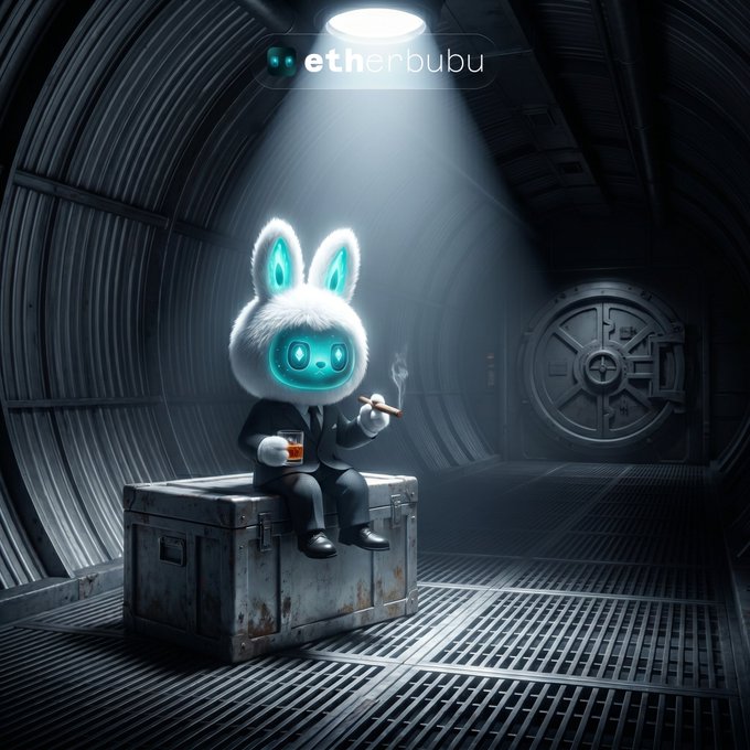 The image features a cartoon rabbit sitting inside an underground tunnel, holding a cigarette and wearing a suit. The rabbit appears to be smoking while seated in a metal box or suitcase. The background of the image shows a large metal door, which could possibly be part of a vault or a storage room. The post includes various descriptions related to cryptocurrency, such as Bitcoin, Ethereum, Solana, BNB, and others.