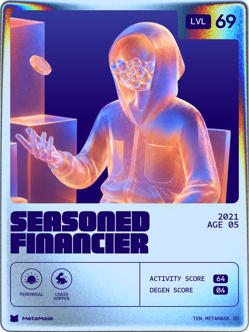 Digital trading card titled 'SEASONED FINANCIER' featuring a holographic hooded figure with bubble eyes tossing a coin, marked as 'LVL 69' with 2021, AGE 05, Activity Score 64, and Degen Score 04, branded with MetaMask and 'TEN.METAMASK.IO'.