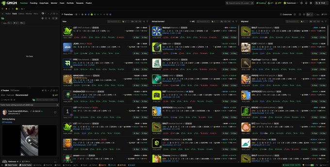 A dark-themed web interface, appearing to be a tracking tool like 'GRCKr' or 'GRCK Trending', displaying multiple entries of meme stocks and crypto tokens (such as ZYN, JEAN, PIPE, MINDCRN, KARMA, GME, CHWY, BABA) with associated images, prices, and percentage changes.