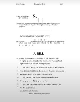 The image shows a Congressional draft bill labeled "119th CONGRESS 1st SESSION S. ___," titled "A BILL" intended to regulate the offer and sale of digital commodities by the Commodity Futures Trading Commission, with a related deadline noted in the accompanying context regarding the CLARITY Act set for September 15, 2026.