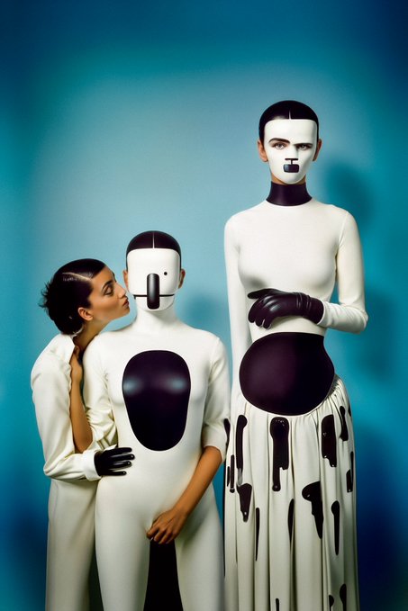 A surreal, futuristic fashion photograph showing a woman in a white dress kissing a mannequin, alongside another figure in avant-garde black and white attire with face paint, set against a bright blue background.