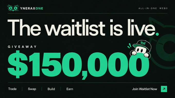 An advertisement for 'YNERAXONE' announces a $150,000 giveaway, featuring a waitlist sign-up, with options to 'Trade, Swap, Build, Earn'.