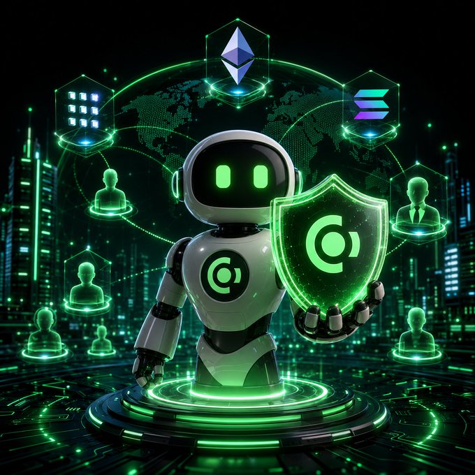 A futuristic 3D rendering of a white robot holding a glowing green shield with a 'C' logo, standing on a circular platform amid floating hexagonal nodes displaying icons like Ethereum, Solana, and user avatars.