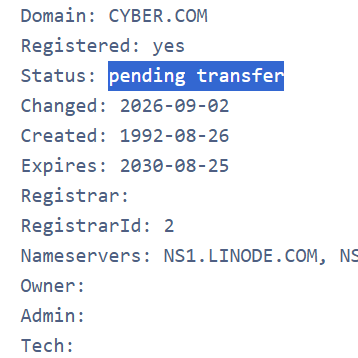 A WHOIS lookup for the domain CYBER.COM shows a "pending transfer" status with a recent change date of 2026-09-02, confirming the high-value sale mentioned in the post. The domain, originally registered in 1992 and set to expire in 2030, is hosted on Linode nameservers (NS1.LINOIDE.COM).