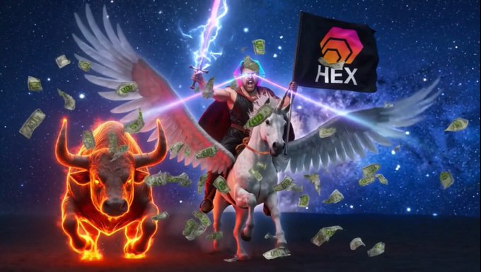 A viking riding a winged unicorn while holding a HEX flag and lightning bolt, alongside a fiery bull, surrounded by falling money in a cosmic setting.