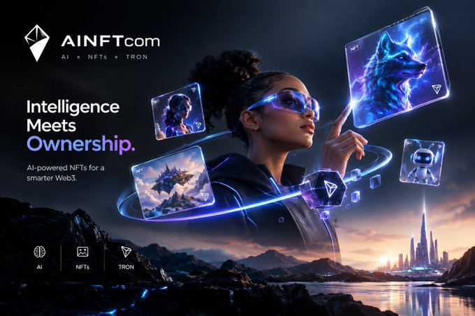 A promotional banner for AINFT.com ('AI x NFTs x TRON') with the tagline 'Intelligence Meets Ownership' showing a woman in AR glasses interacting with floating holographic NFT cards.