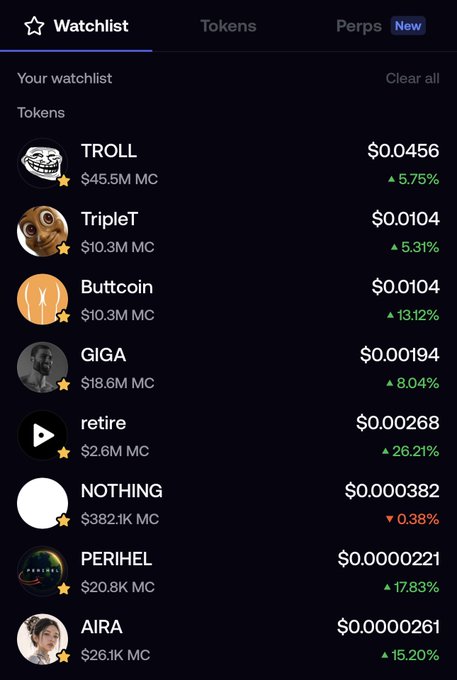 A cryptocurrency watchlist app screenshot displays tokens including TROLL ($0.0456, +5.75%, $45.5M MC), TripleT ($0.0104, +5.31%, $10.3M MC), Buttcoin ($0.0104, +13.12%, $10.3M MC), GIGA ($0.00194, +8.04%, $18.6M MC), retire ($0.00268, +26.21%, $2.6M MC), NOTHING ($0.000382, -0.38%, $382.1K MC), PERIHEL ($0.0000221, +17.83%, $20.8K MC), and AIRA ($0.0000261, +15.20%, $26.1K MC).