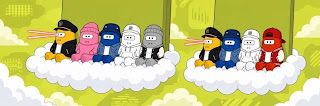 A cartoon illustration featuring groups of cylindrical characters in various colors riding on white cloud-like shapes against a green background.