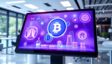 A modern touchscreen kiosk in an office setting displays a vibrant purple graphic featuring a large "B" Bitcoin logo surrounded by cryptocurrency icons, coins, and NFT-related symbols. The image visually represents the digital asset and NFT expansion theme discussed in the post about Solana's growing NFT ecosystem and Rarible's launch.