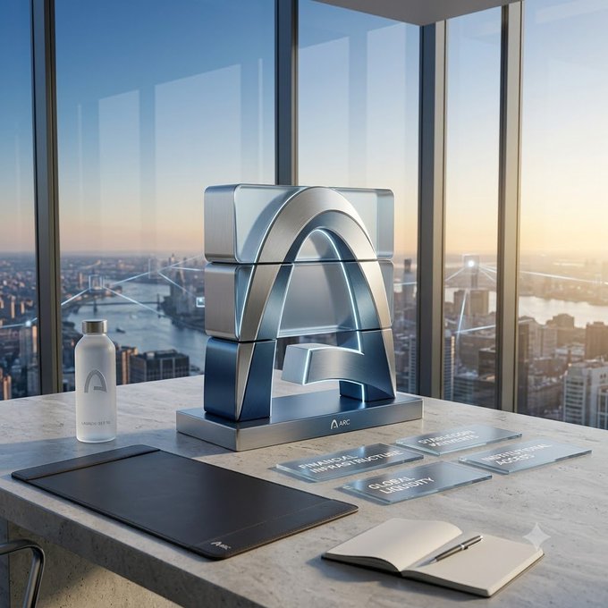 A modern promotional display on a marble surface in a high-rise office features a large metallic 'A' logo sculpture, alongside a water bottle, laptop, notebook, and plaques related to financial infrastructure, set against a city skyline at sunset.