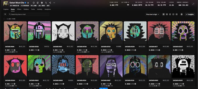 The image displays the OpenSea NFT collection page for "Satari Must Die," showing pixel art avatar NFTs with prices ranging from approximately 0.01 to 0.1 ETH, and a floor price of 0.082 ETH (~$154) — aligning with the post celebrating the collection's price appreciation from a 0.024 ETH entry point to its current floor price.