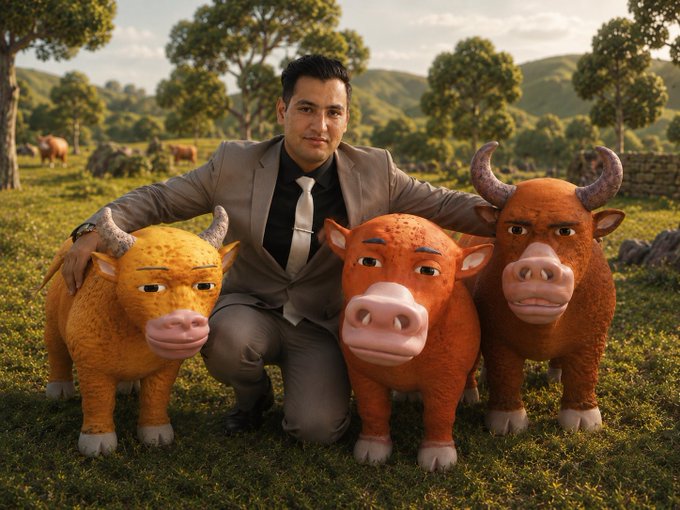 A businessman kneels in a grassy field with his arms around three animated, cartoonish bulls, playing on the phrase "Niu Lai" (牛来), a pun meaning "bull market come." The image humorously captures his desperate plea for a bull market rally to rescue him from impending financial loss.