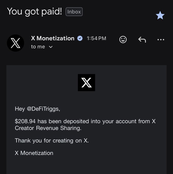 Email notification from X Monetization confirming a $208.94 deposit from X Creator Revenue Sharing to user @DeFiTriggs.