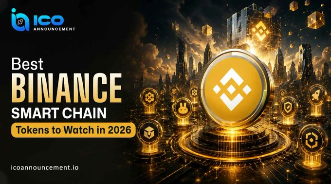 Promotional graphic titled "Best BINANCE SMART CHAIN - Tokens to Watch in 2026" from ICO Announcement, featuring a glowing Binance logo surrounded by floating cryptocurrency icons against a futuristic golden cityscape backdrop.