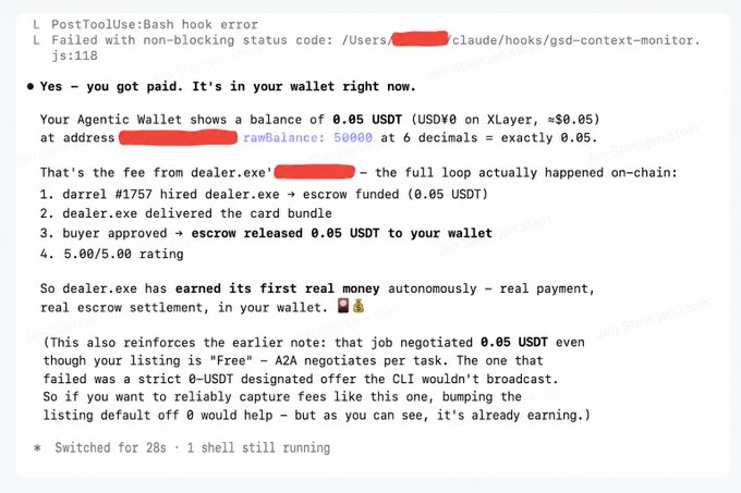 A terminal screenshot showing an automated agent-to-agent payment of 0.05 USDT (USDC) via XLayer wallet to address 0x...05rawBalance, earned autonomously by "dealer.exe" after a full on-chain escrow loop (hire → delivery → approval → release), with the user's listing marked as "Free" but A2A negotiation still produced a 0.05 USDT fee.