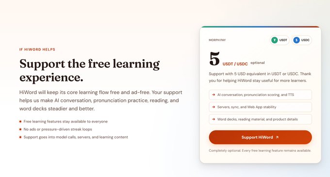 A HiWord donation page titled 'Support the free learning experience' with a 5 USDT/USDC payment option and an orange 'Support HiWord' button.